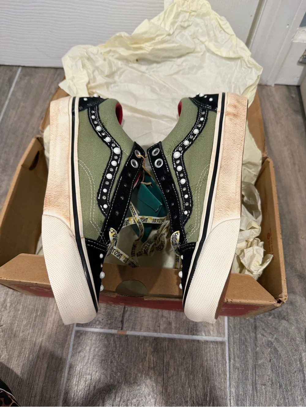 Vans OTW x Satoshi Nakamoto Olive and Black Pearl-Trim Slip-On Sneakers - Picture 6 of 9